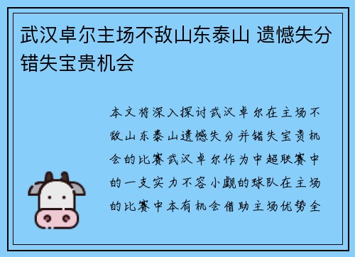 武汉卓尔主场不敌山东泰山 遗憾失分错失宝贵机会