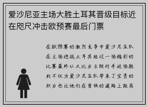爱沙尼亚主场大胜土耳其晋级目标近在咫尺冲击欧预赛最后门票