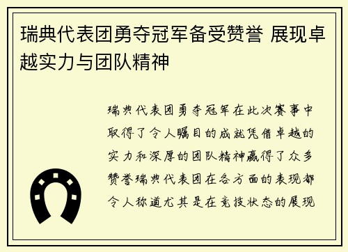 瑞典代表团勇夺冠军备受赞誉 展现卓越实力与团队精神