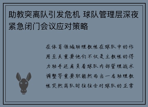 助教突离队引发危机 球队管理层深夜紧急闭门会议应对策略