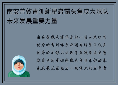 南安普敦青训新星崭露头角成为球队未来发展重要力量
