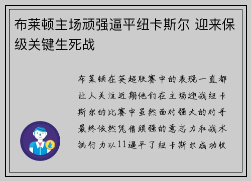 布莱顿主场顽强逼平纽卡斯尔 迎来保级关键生死战