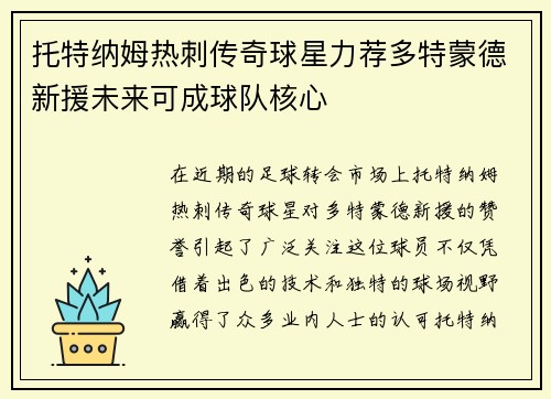 托特纳姆热刺传奇球星力荐多特蒙德新援未来可成球队核心