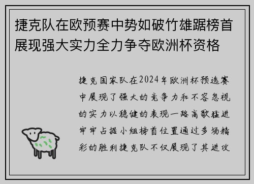 捷克队在欧预赛中势如破竹雄踞榜首展现强大实力全力争夺欧洲杯资格