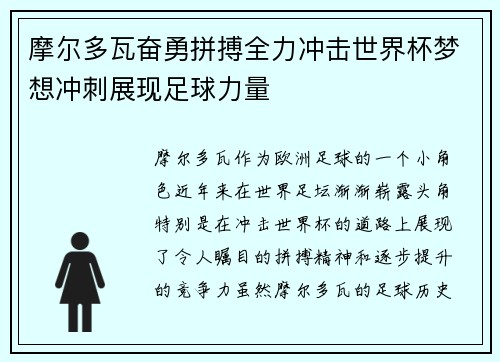 摩尔多瓦奋勇拼搏全力冲击世界杯梦想冲刺展现足球力量