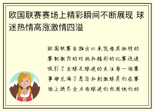 欧国联赛赛场上精彩瞬间不断展现 球迷热情高涨激情四溢
