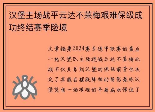 汉堡主场战平云达不莱梅艰难保级成功终结赛季险境