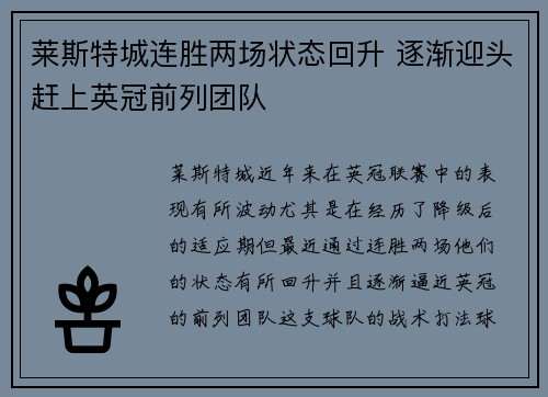 莱斯特城连胜两场状态回升 逐渐迎头赶上英冠前列团队